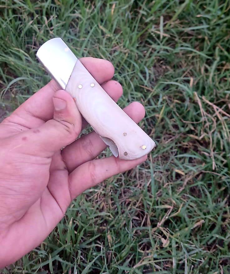 Cream bone handle scales with brass pins and a steel cap, held over grass.